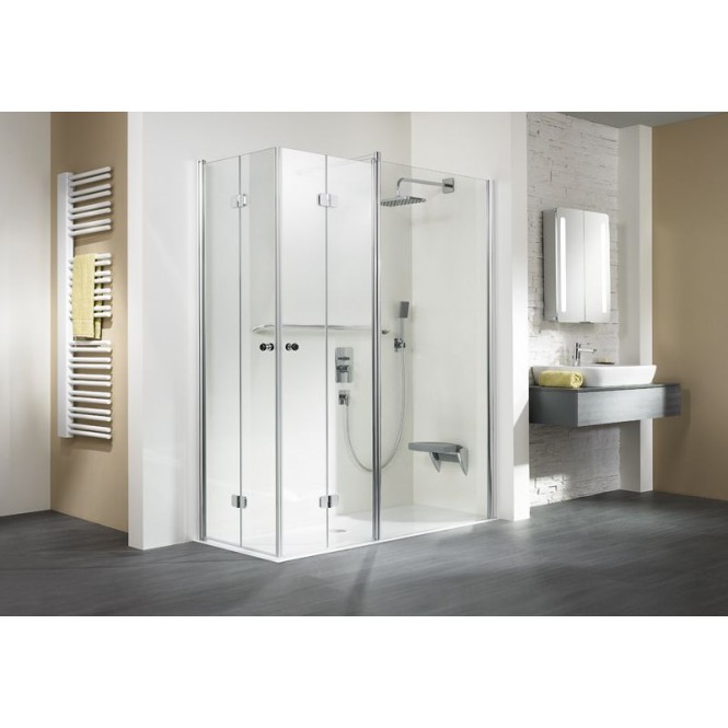 HSK - Corner entry with folding hinged door and fixed element 41 chrome look 900/1400 x 1850 mm, 50 ESG clear bright