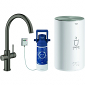 GROHE Red Duo - Starter kit with single lever kitchen mixer DUO C-spout with Boiler M-Size hard graphite geborsteld