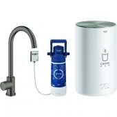 GROHE Red Mono - Starter kit with single lever kitchen mixer DUO C-spout with Boiler M-Size borstad hard graphite
