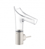 AXOR Starck V - Single Lever Basin Mixer 140 with glass spout with non-closable drain valve stainless steel optic